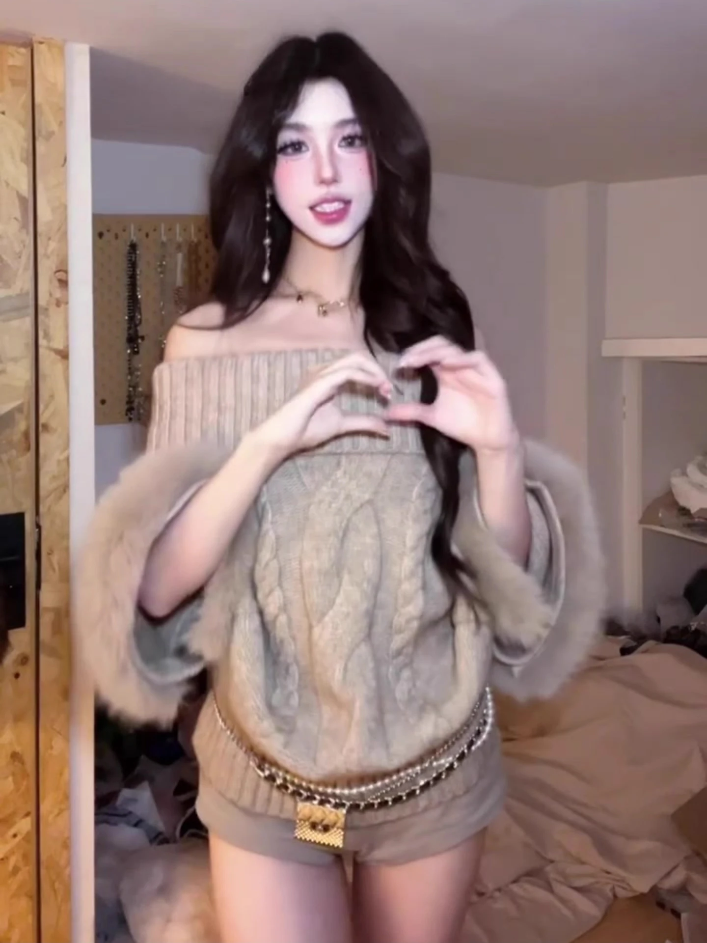 الرجعية الكورية Sle فضفاض المرأة محبوك سترة مع فروي Sves oulder عارية تصميم الخريف الشتاء لينة مريحة تويست نمط