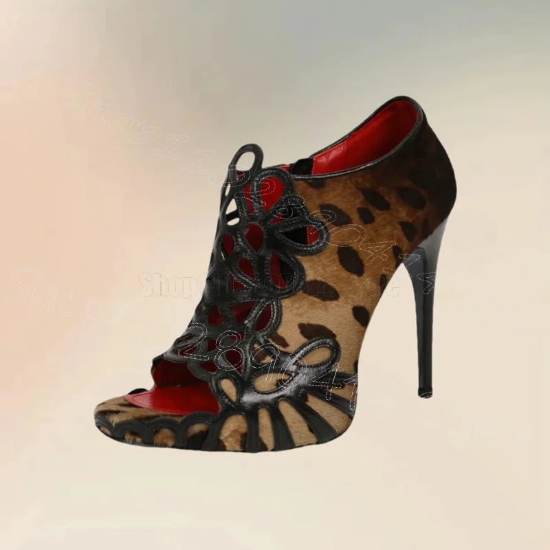 

Leopard Print Flower Hollow Design Sandals Side Zipper Women Shoes Thin High Heels Peep Toe Party Feast 2025 Zapatos Para Mujere