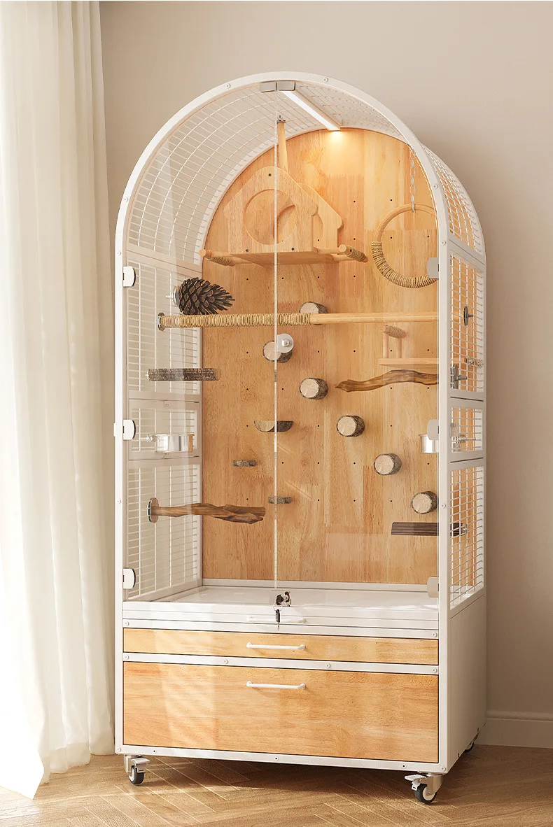 Premium Solid Wood Large Bird Cage Panoramic Transparent Glass Villa With Wheels And Drawers For Parrot Housing