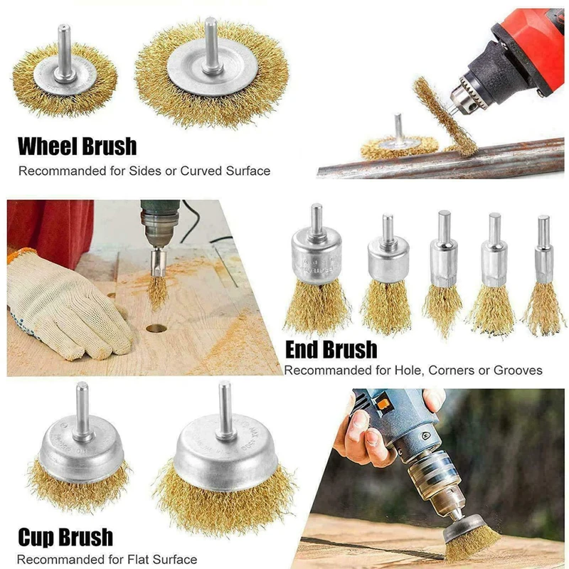 9Pcs Wire Brush Wheel Cup Brush Set Brush Drill Attachment Bit Kit Brass Coated Wire Cleaning Wheel Cup Tools