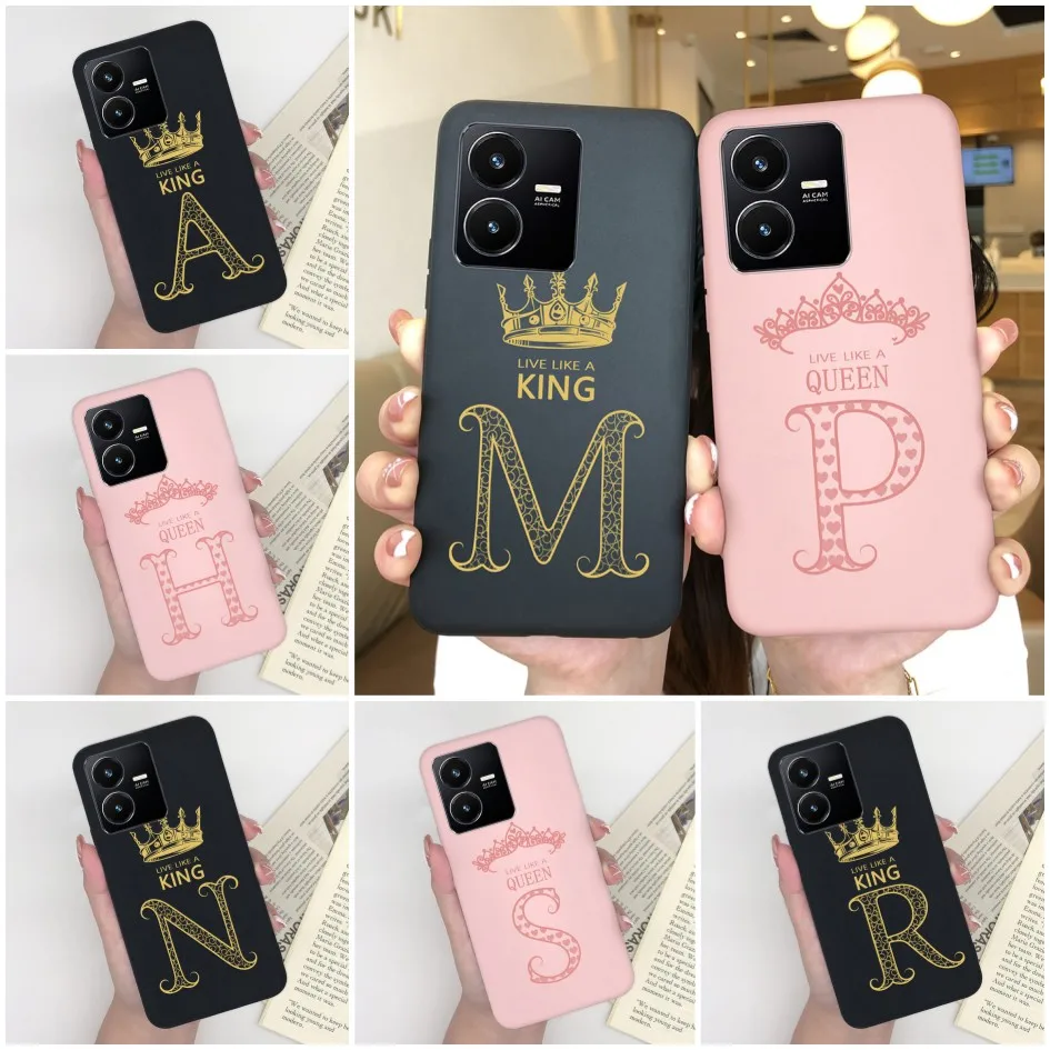 Phone Case For Vivo Y22 Y22s Y35 4G 2022 Luxury Fashion Matte Crown 26 Letters Pattern Soft Cover For Vivo Y 22 Y 22s Y 35 Funda