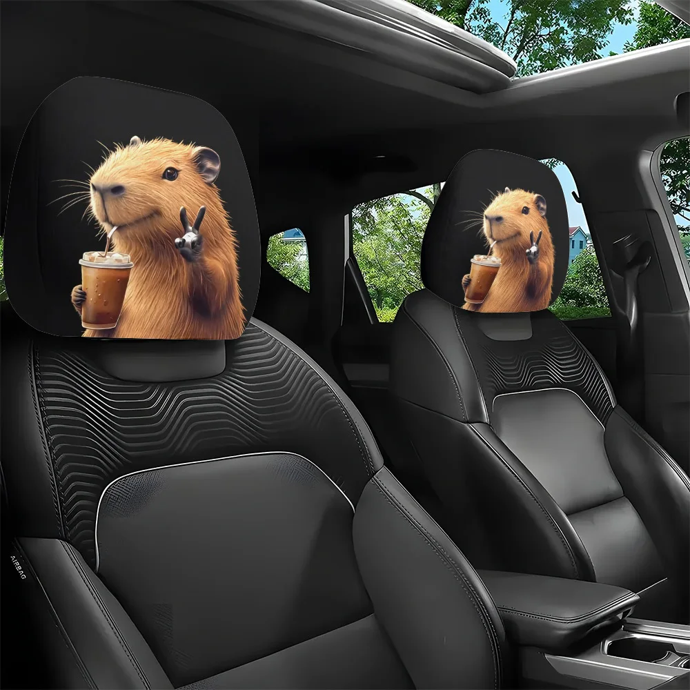 2 Peças de Capas para Apoio de Cabeça de Carro com Estampa de Ilustração Engraçada de Capivara Adorável Bebendo Café, Decoração Universal para Interior de Carro