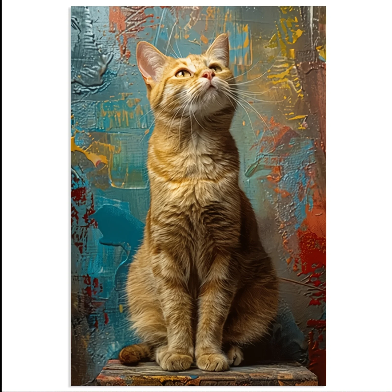Frameless Thinking Cat Canvas Art – Vibrant Orange Tabby Cat with Blue Eyes, Expressive Design on Textured Abstract Background,