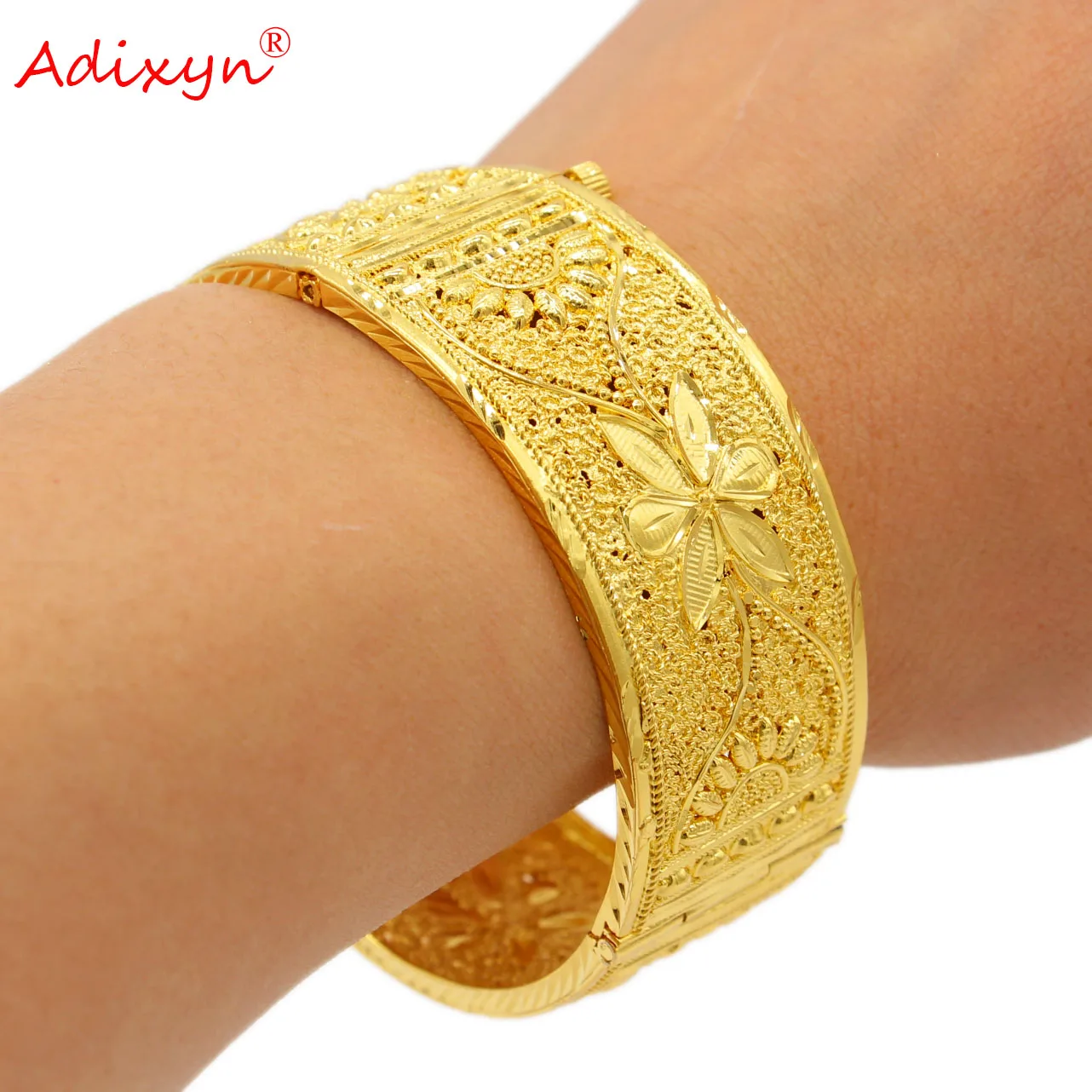 Adixyn women\'s hand bracelets 24k gold color (can open)bangles for unisex indian dubai jewelry wide bangle wedding gifts N022231