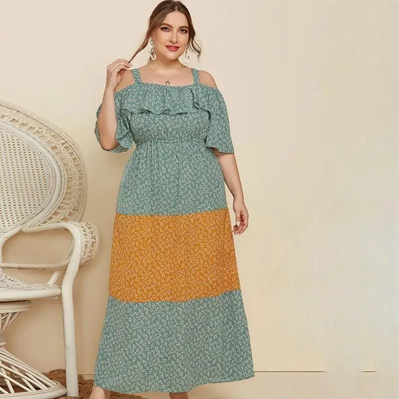 

L38E Женское пляжное платье с открытыми плечами и оборками в стиле бохо с цветочными блоками и цветочным узором