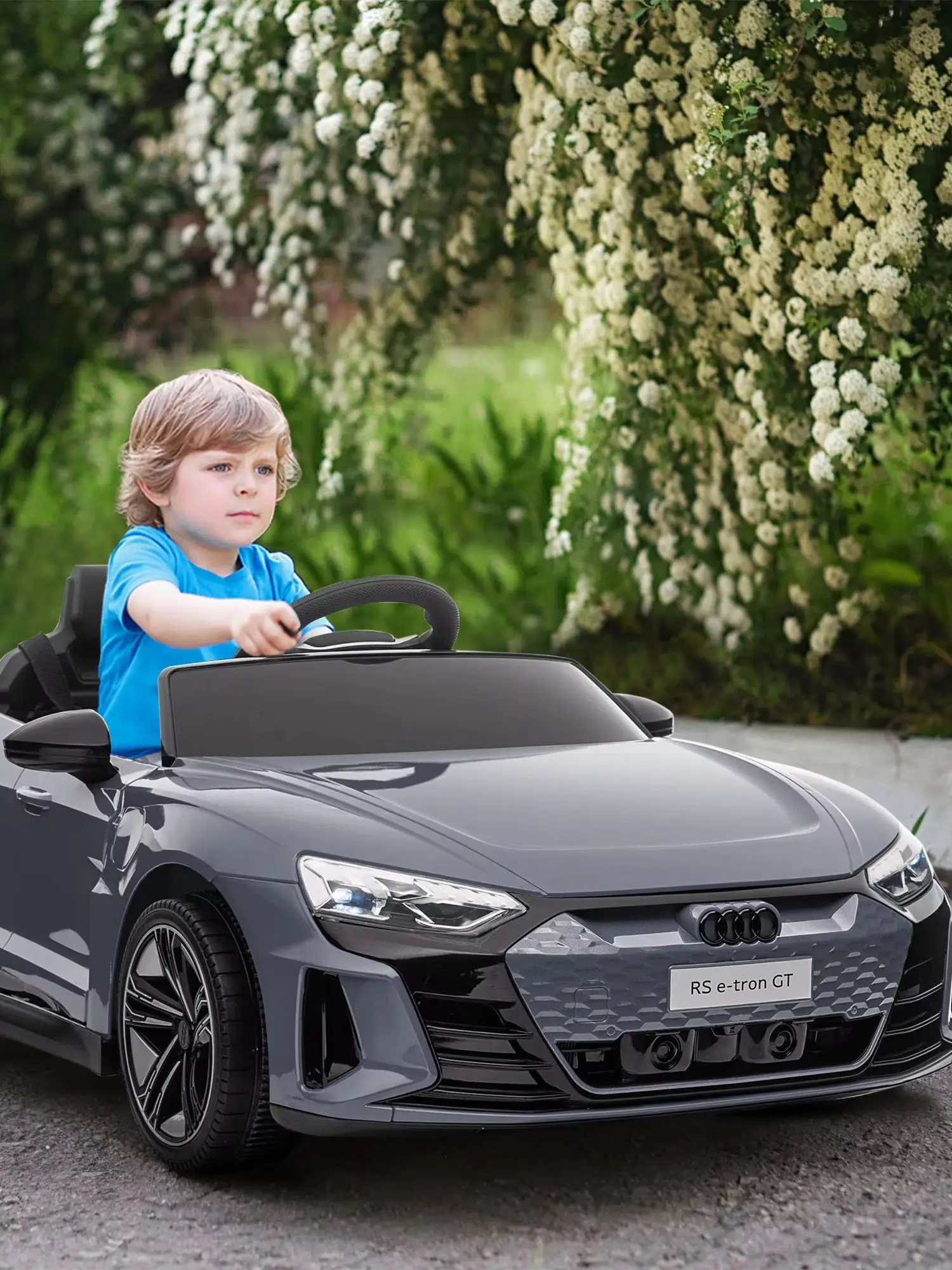 Elektroauto für Kinder, ausgestattet mit Fernbedienung, Sicherheitsgurt, Lautsprecher, Musik, Scheinwerfern, Höchstgeschwindigkeit 5 km/h, 3–5 Jahre alt, 103x58x41 cm, grau