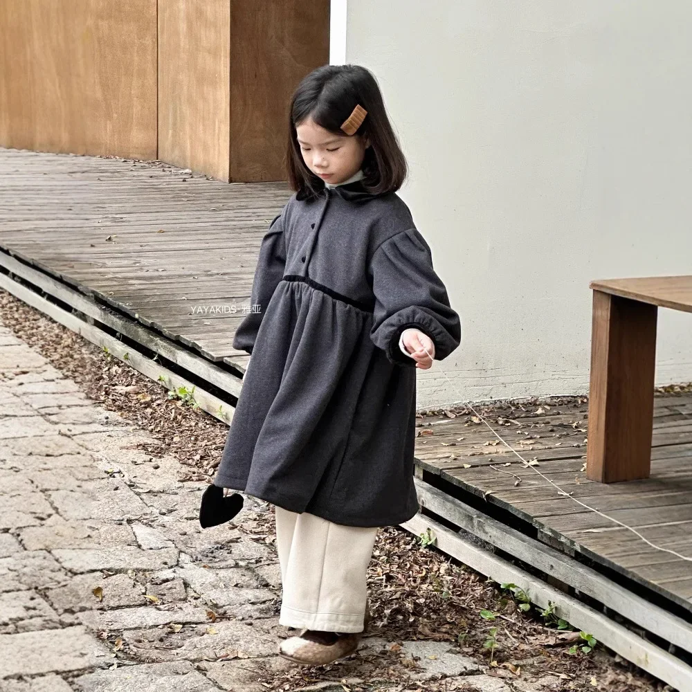 Girls Gray Dress 2024 Winter Dress New Children Temperament French Doll Collar Fleece Puffle-sleeve Princess Fashion Dress