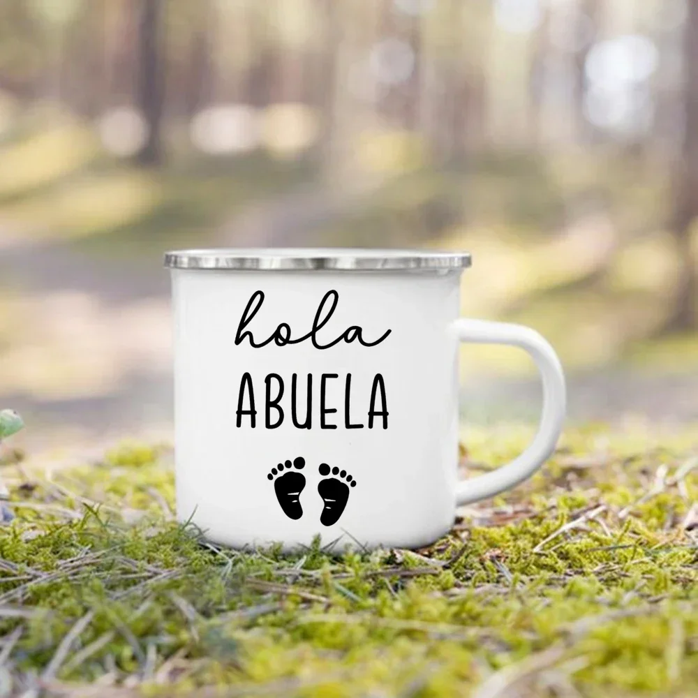 Drink Milk Coffee Cup Hola Abuela & Abuelo Print Enamel Mug Pregnancy Announcement Mugs Best Idea Gift for Abuela/Abuelo/Tia/Tio