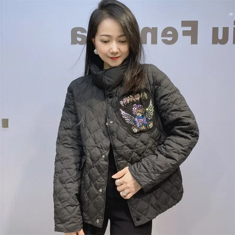 Popular Women's Winter New Cotton-padded Coat Women's Diamond Drills Thin Fashion High-end Lapel Short White Duck Down Jacket