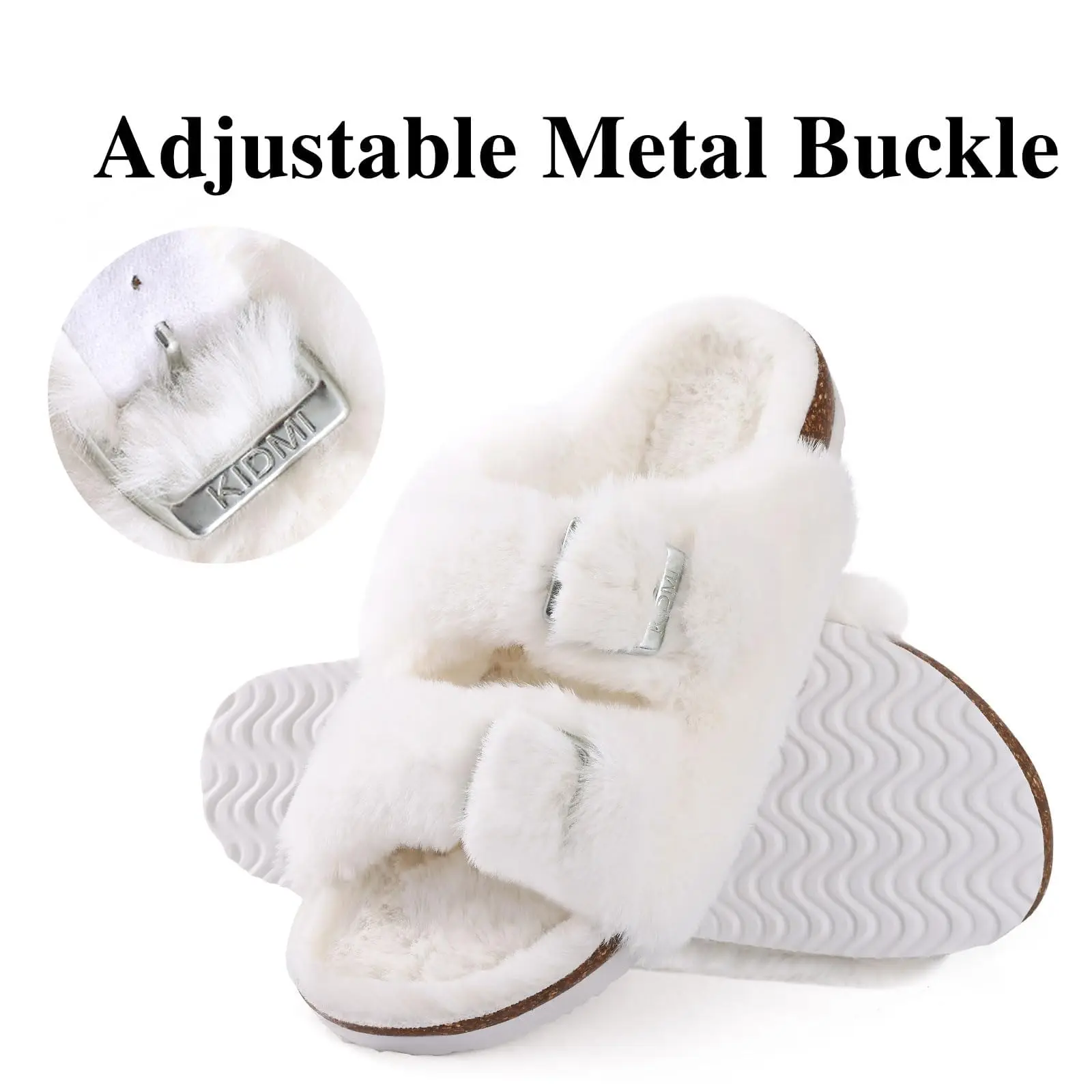 Evshine Pelz-Hausschuhe aus Fuzzy-Kork für Damen, bequeme Fußgewölbeunterstützung, flauschige offene Zehensandalen, modische, verstellbare Schnalle, flache Hausrutschen