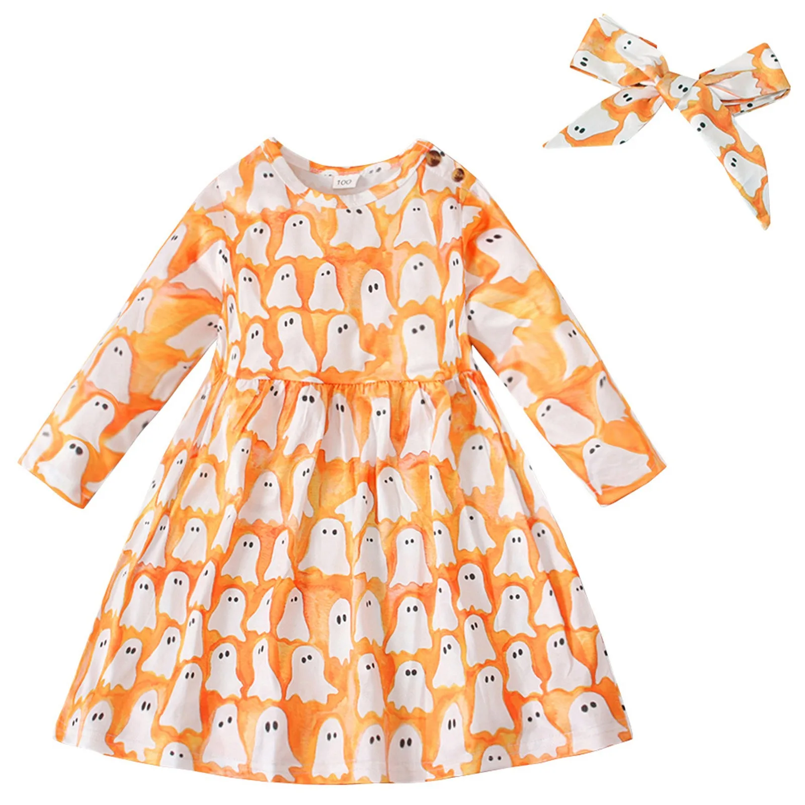 1 2 3 4Y Halloween Toddler Infant Kids Baby Girls Dress Ruffle Pumpkin/Ghost Print Long Sleeve Dresses For Girls Xmas Costumes