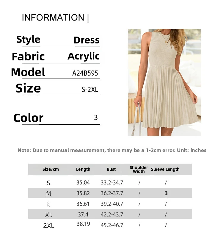 Sukienka damska bez rękawów z okrągłym dekoltem, jednolita, letnia, nowy styl, europejsko-amerykańska, słodka, plisowana spódnica.
