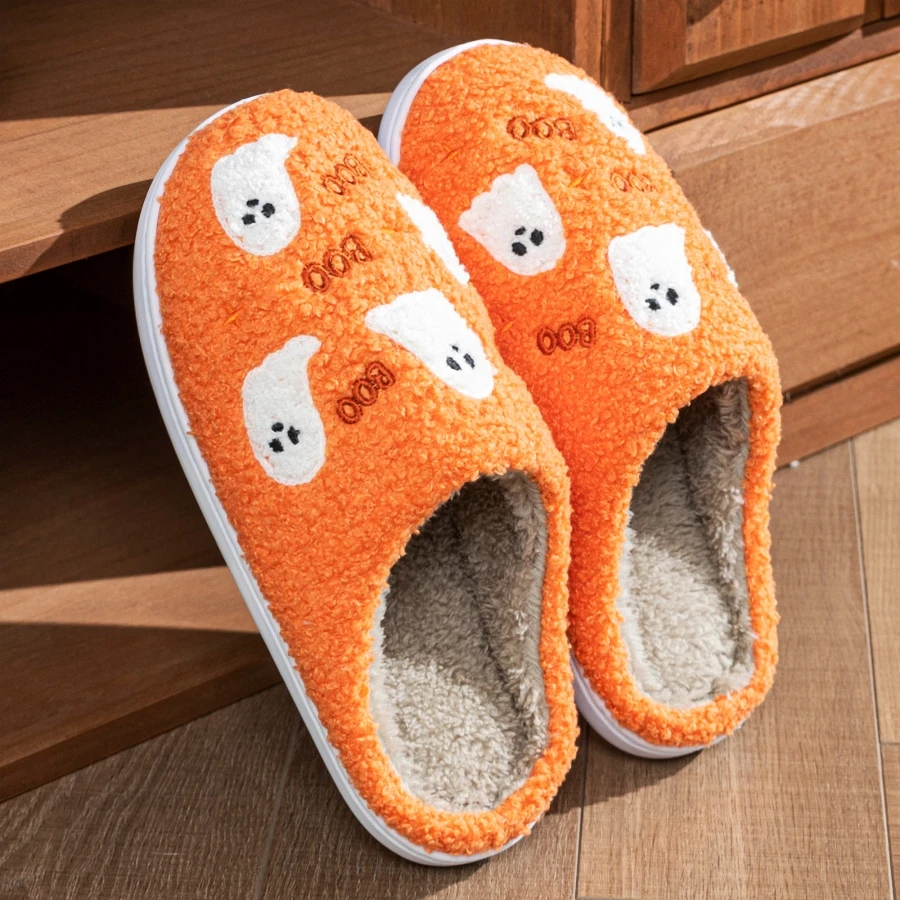 Herren-Hausschuhe mit Halloween-Geister-Stickerei, Flauschige Innensohle, Rutschfest, Bequem, Warm, Paar-Hausschuhe – Detail 5