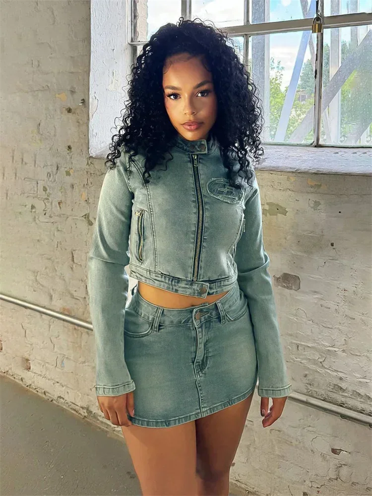 

XIZOU Denim Embroidery 2 Piece Set Women Trend Waistless Zipper Long Sleeve Button Neck+Stretch Number Logo Mini skirt Suit