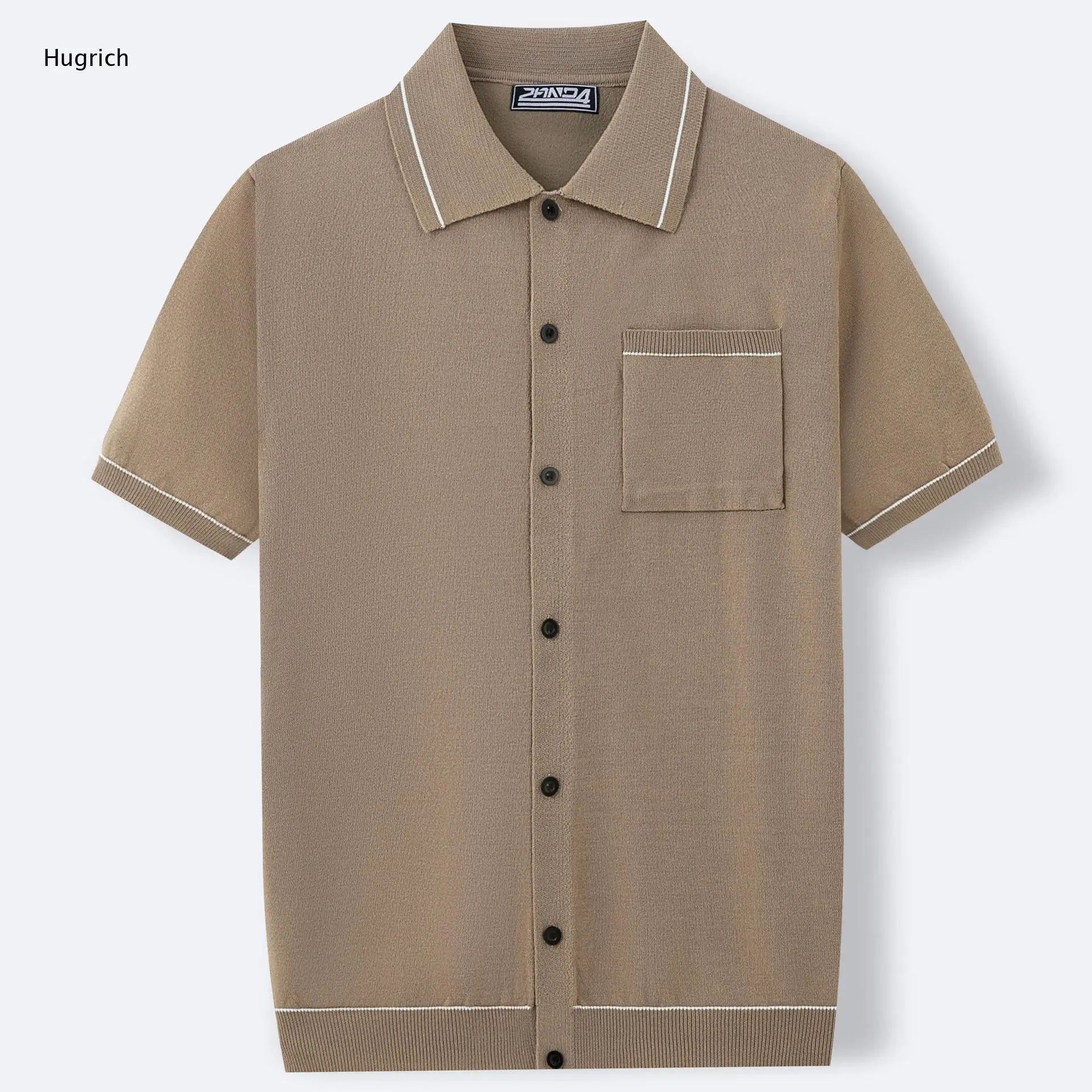 Lightweight Breathable Knitted Shirt, Notched Lapel White Tipping Trim Pocket Design Smart Casual Summer Vacation Top