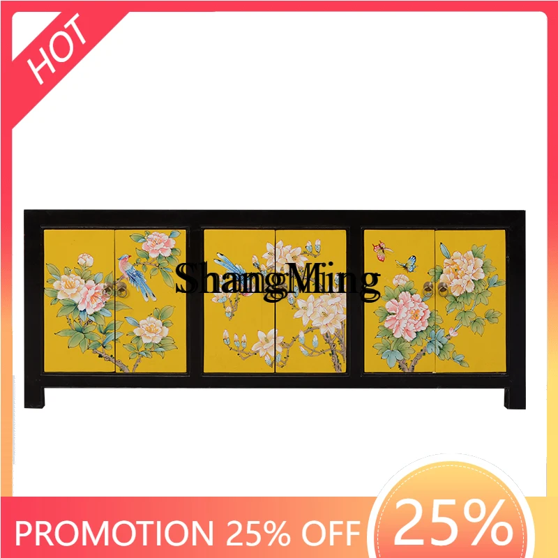 

FG good-looking new Chinese hand-painted yellow retro old TV cabinet living room shoes low porch side cabinet