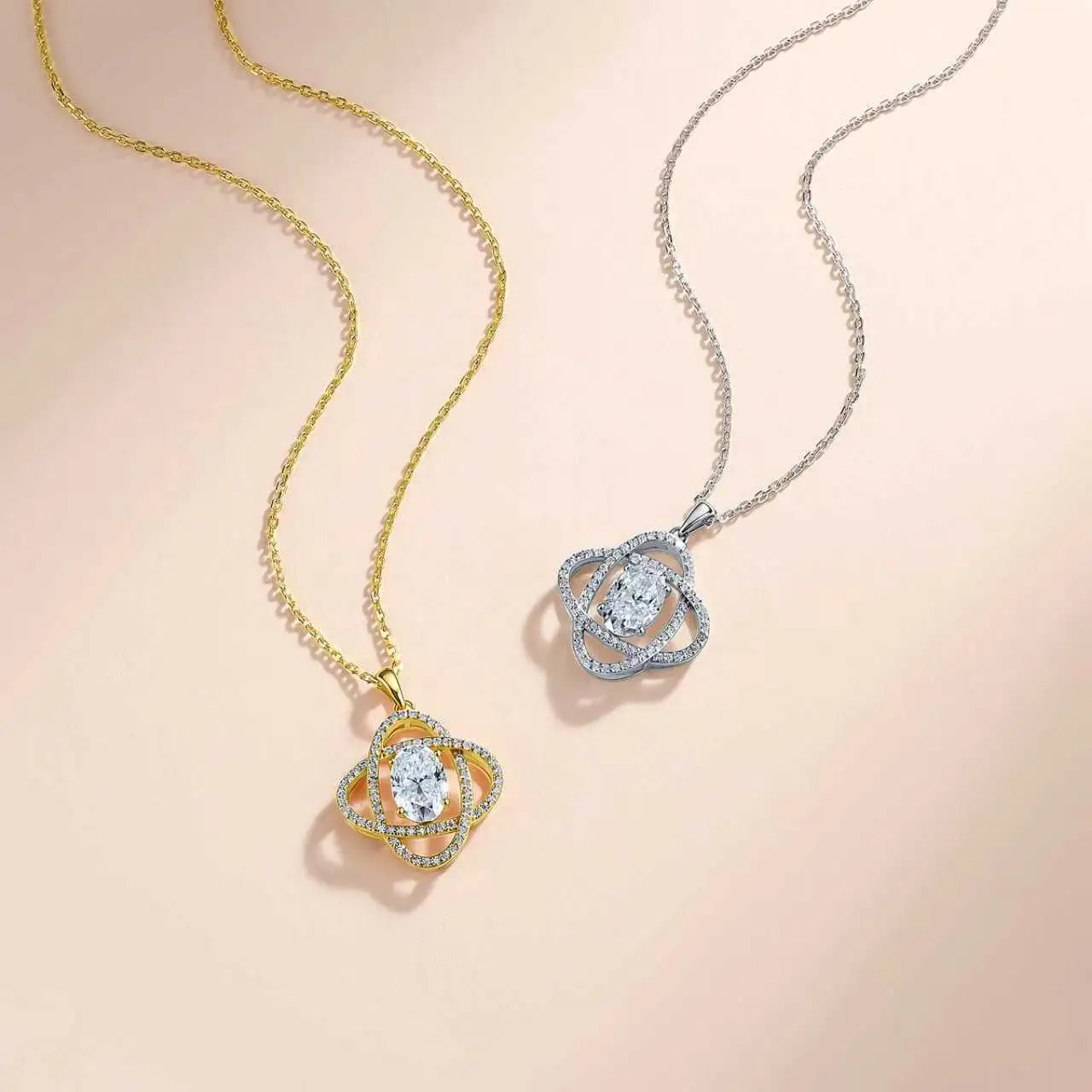S925 Silver Plated 18K Gold Egg Shaped Moissanite Diamond Encircled Gipsophila Necklace 1.9ct