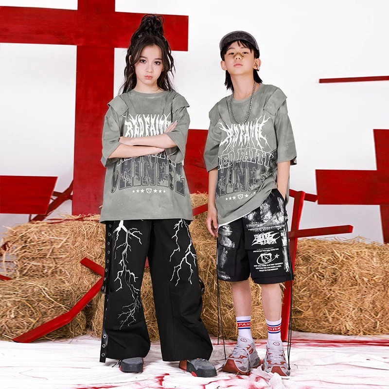 

Boys Hip Hop Streetwear Clothing Short Sleeves T Shirt Lightning Pants Girls Jazz Practice Performance Clothes Stage Costumes