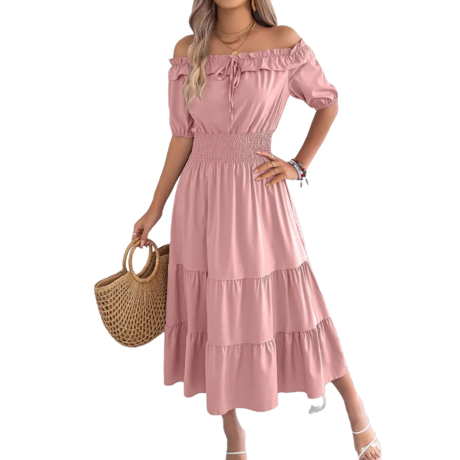 

2026 Spring Summer Casual Off-Shoulder Short-Sleeve Fitted Waist Long Dress Women Dress Elegant Long Dresses Party Night Dress