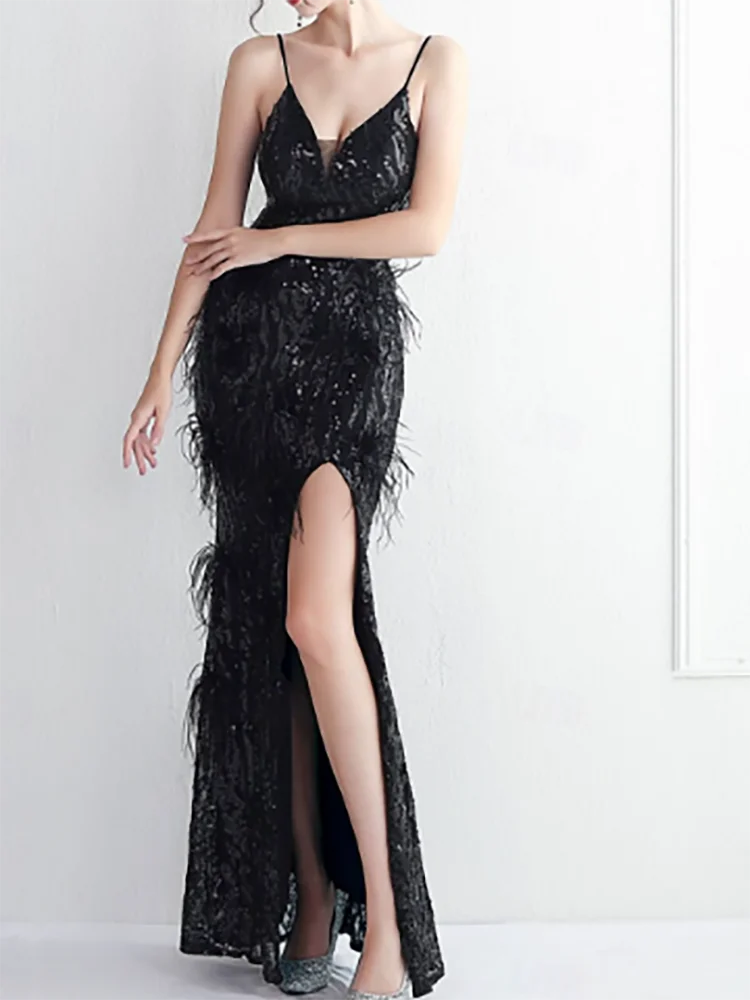 

Sexy V-Neck Sleeveless Sequined Feather Mermaid Formal Evening Dresses Birthday Party Prom Gowns Customized