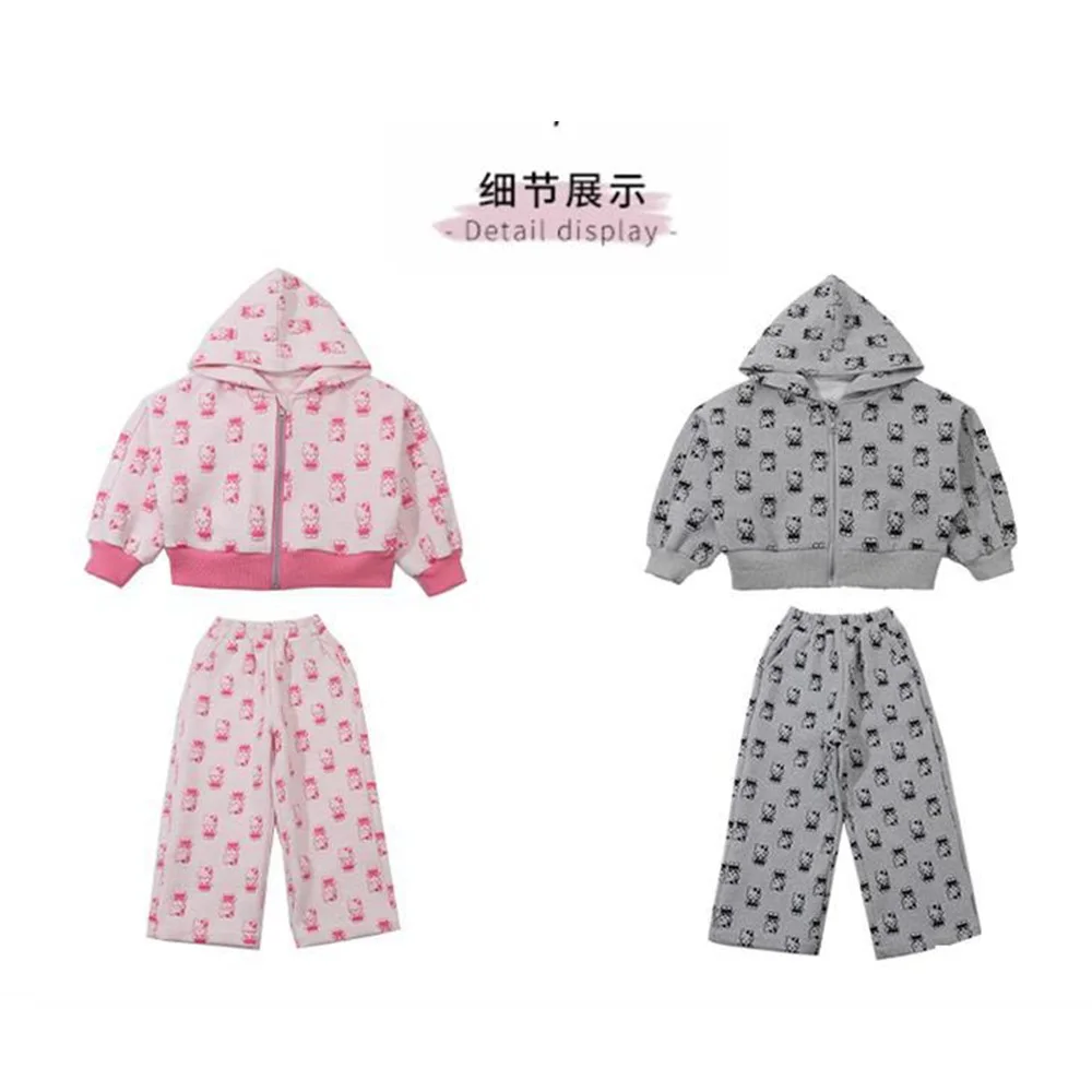 2Pcs Children\'s Set Sanrio Hello Kitty Aesthetic Girl Korean Fashion Zipper Hoodie Wide Leg Pants Y2K Tops Trousers Matching