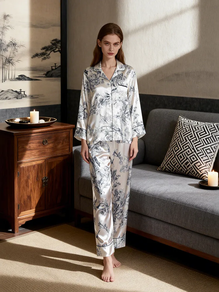 100% Mulberry Silk Floral Women's Satin Pajama Set Long Sleeve Button-Down Shirt Tops & Long Pants Sleepwear Loungewear 2 Piece
