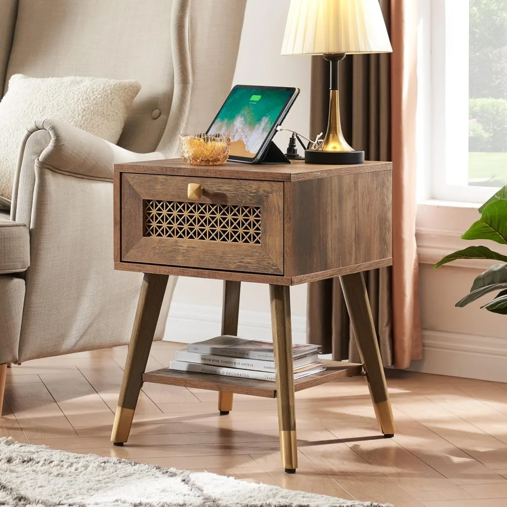 

Mid Century Modern End Table with Charging Station, Rustic Small Side Tables with Outlets and USB Ports, Metal Mesh Drawers