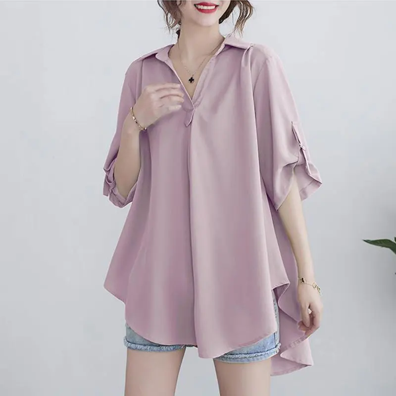 

Women's Monochromatic Chiffon Shirt Casual Loose Clothes All-match Thin Lower Back Temperament Tops Summer Simplicity Fashion