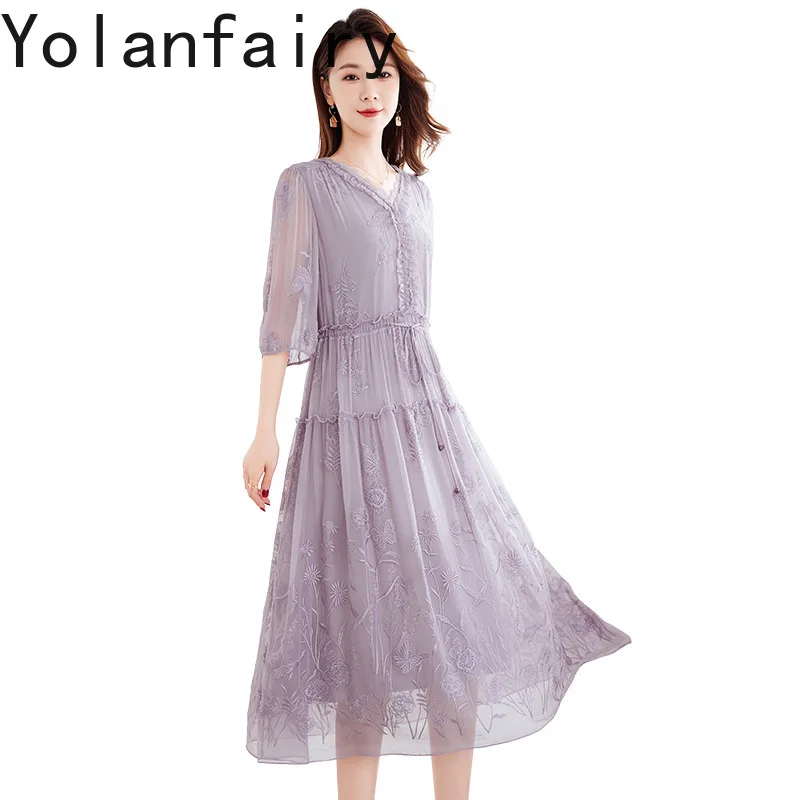 

YOLANFAIRY 100% Natural Mulberry Silk Summer Dresses for Woman 2025 Elegant Lace-up White Dress Embroidered Vacation Dresses