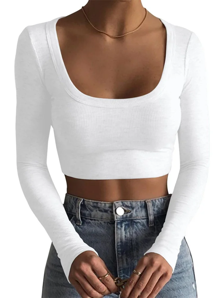 Women Short Shirt Long Sleeve Deep Round Neck Solid Color Knit Women's Crop Tops Street Casual Party Street Summer Tops Y2k