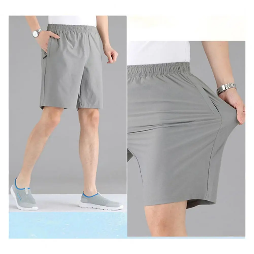 Men Shorts High-Waist Zipper Pockets Wide Leg Solid Color Breathable Sports Shorts Ice Silk Loose Casual Fitness Running Shorts