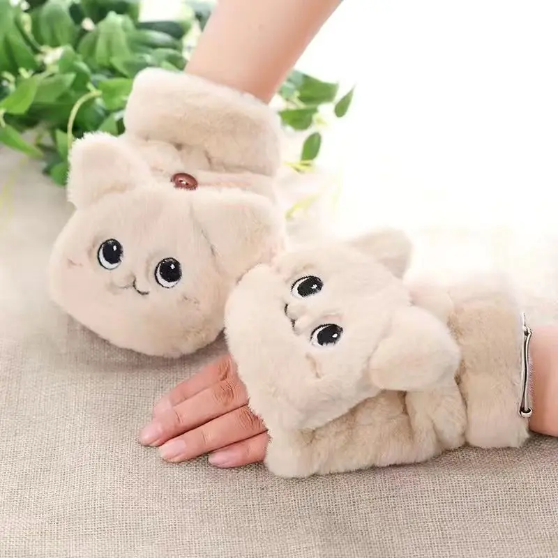 Women Plush Warm Glove Fur Lovely Rabbit Cat Mittens Flip Fingerless Gloves Soft Girls Thick Gloves Flexible Half Finger Winter