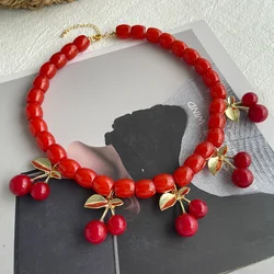 1PC Red Resin Beaded Cherry Tassel Copper Necklace, Suitable for ladies everyday and party wear