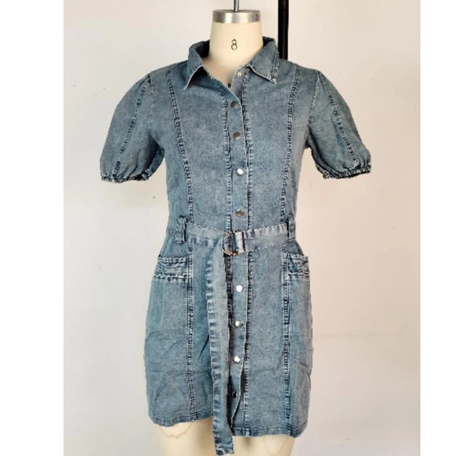 Frauen Denim Kleid Einfarbig Drehen Unten Kragen Taste Unten Kurzarm Jeans Kleid Sommer Casual Mini Kleid mit Gürtel