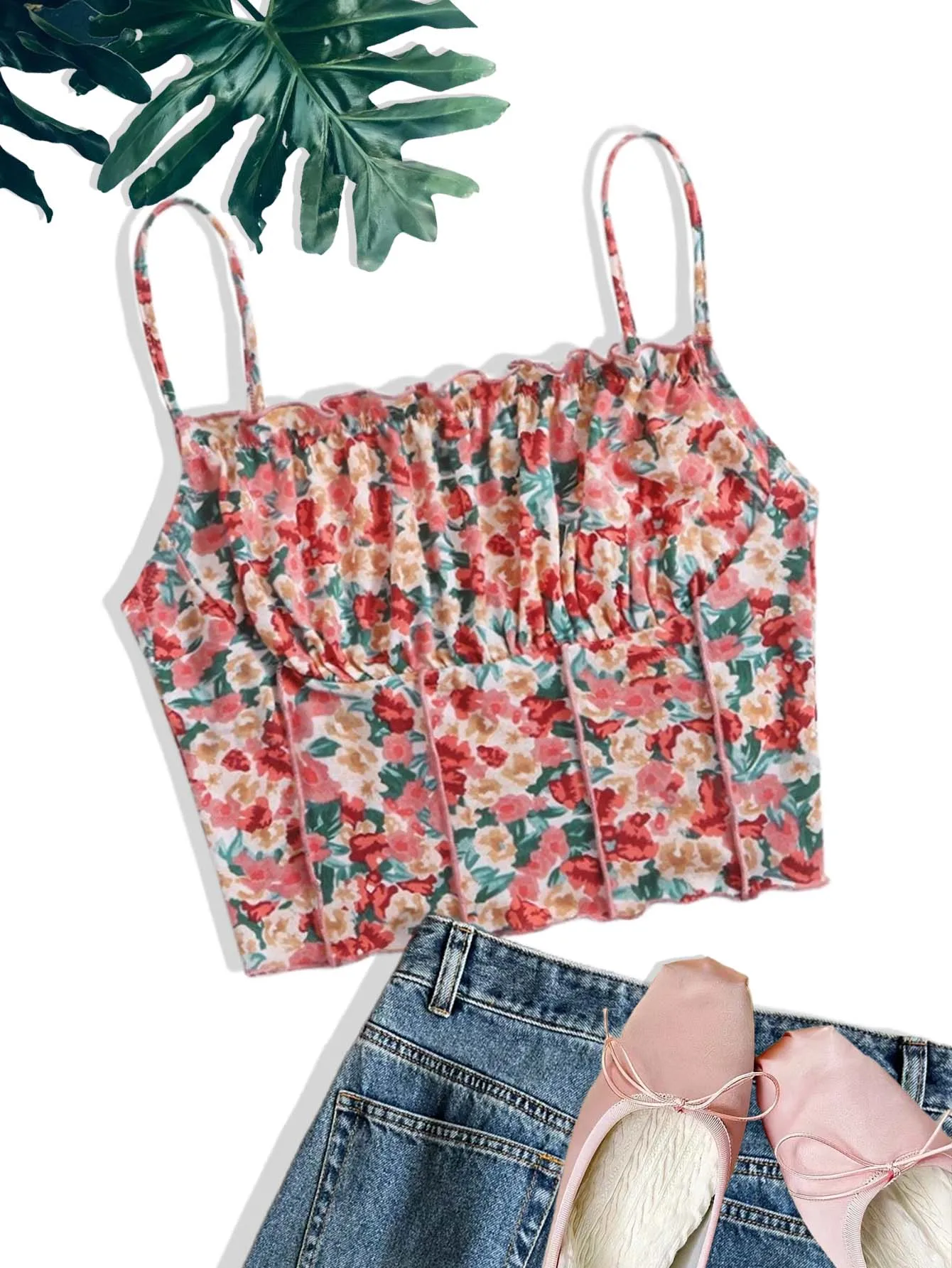Women Floral Print Ruffle Trim Straight Neck Thin Spaghetti Strap Vertical Pleated Cropped Cami Top Slim Fit Summer Casual Beach