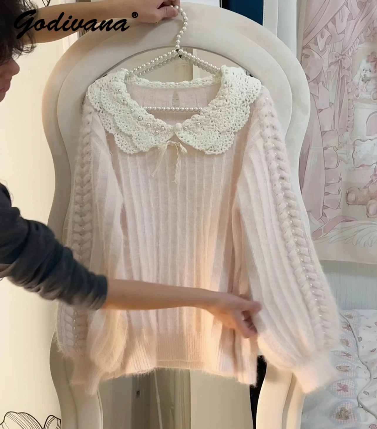 Sweet Cute Hand-woven Doll Collar Pearl Beading Pink Sweaters New Autumn and Winter Women's Soft Knitting Pullovers