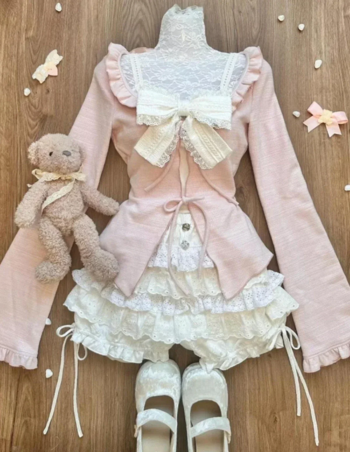 Winter Sweet Pink Three Piece Set Women Pink Coat +High Waist Cake Skirt +Bow Vest Top Female korean Lolita Kawaii Suit 2024