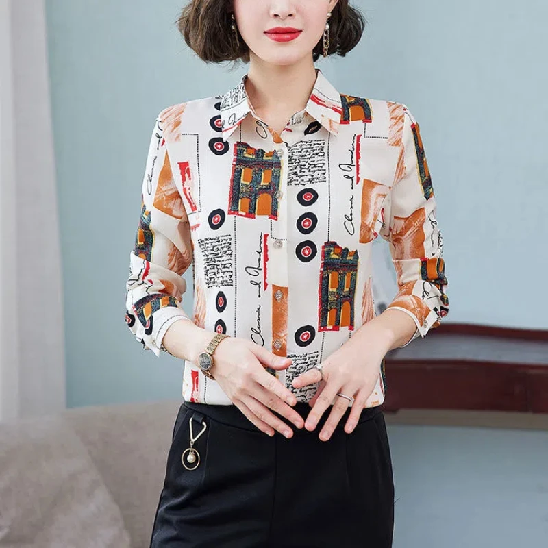 Women's Long Sleeve Button Cardigan Combined Printing Turn-down Collar Contrast Color Chiffon Shirt Casual Office Lady Tops