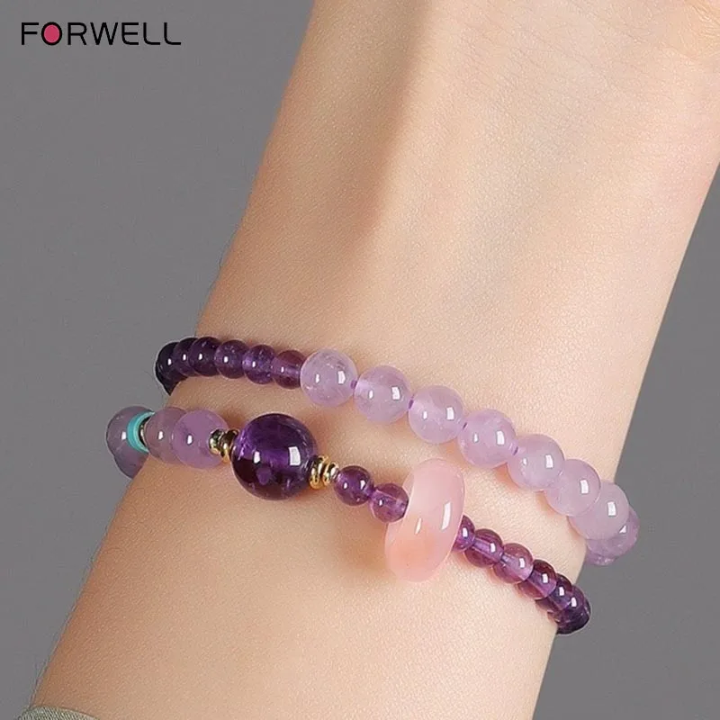 

Браслет из фиолетового кварца FORWELL для женщин, натуральные кристаллы, бусины для удачи, уникальный элегантный браслет с двойным кругом, подарок