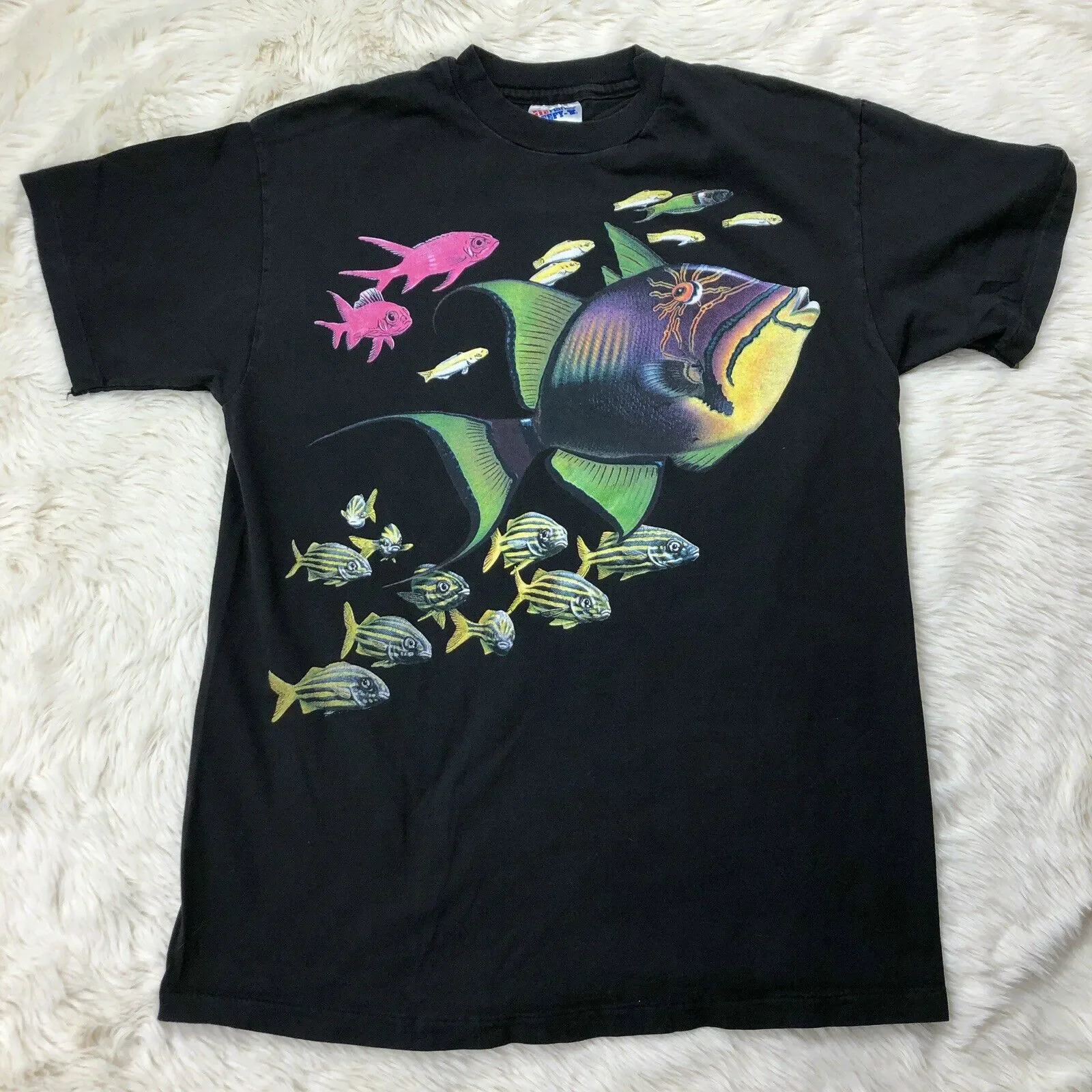 Vtg-Camiseta de manga corta con cuello redondo para hombre, camisa informal de color negro con estampado de peces marinos acuáticos, de neón, 100% algodón, talla S-3XL