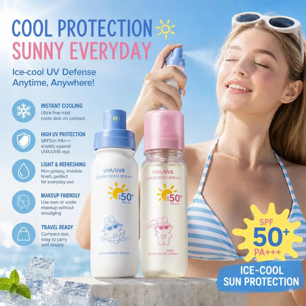 Spray Protector Solar Refrescante de 90 ml, SPF50+, Hidratante y Blanqueador, Spray Protector Solar para Rostro, Cuerpo y Cuello, Cuidado de la Piel, Anti Ultravioleta, Transpirable