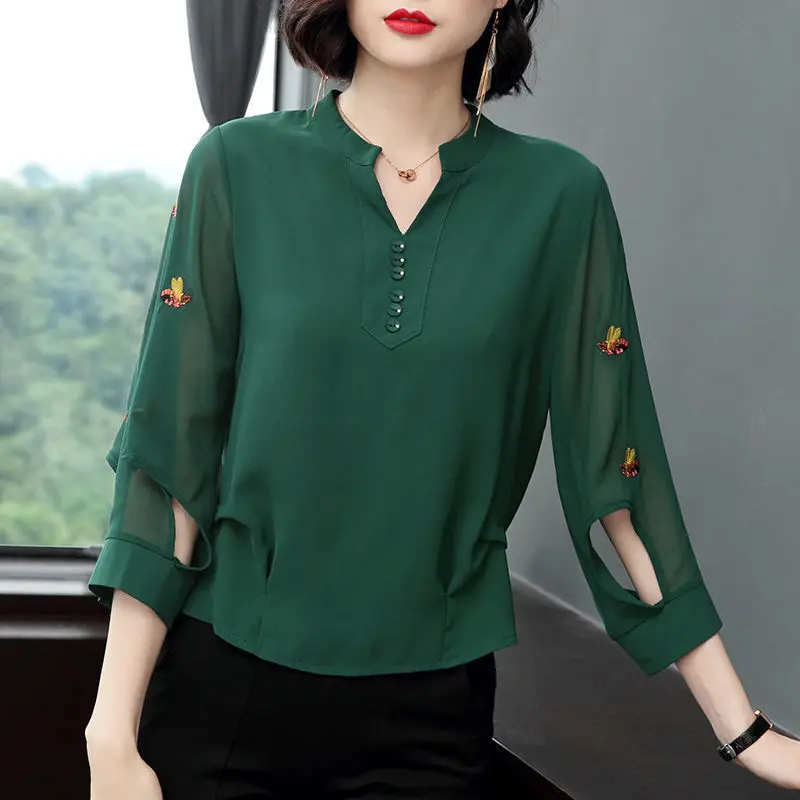 2024 Spring POLO Collar Seven Quarter Sleeve Top, Mom\'s Loose Embroidered Chiffon Shirt Stylish Pullover Sweater