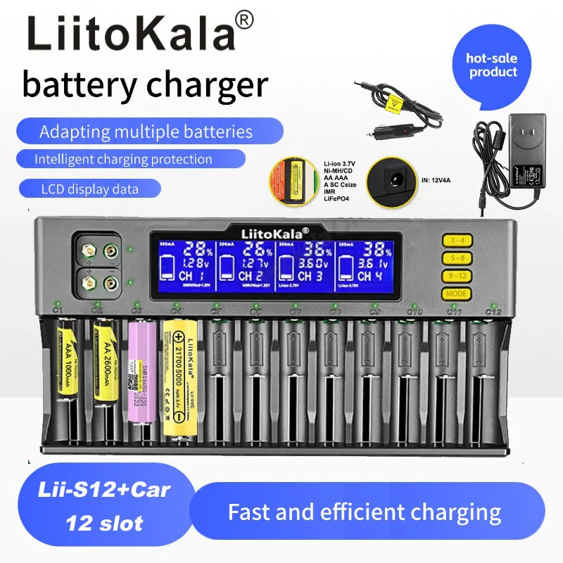 

LiitoKala Lii-S12 LCD Battery Tester And Charger for 21700 18650 3.7V Li-ion 3.2V LiFePO4 1.2V NiMH/Cd 26650 32700 14500