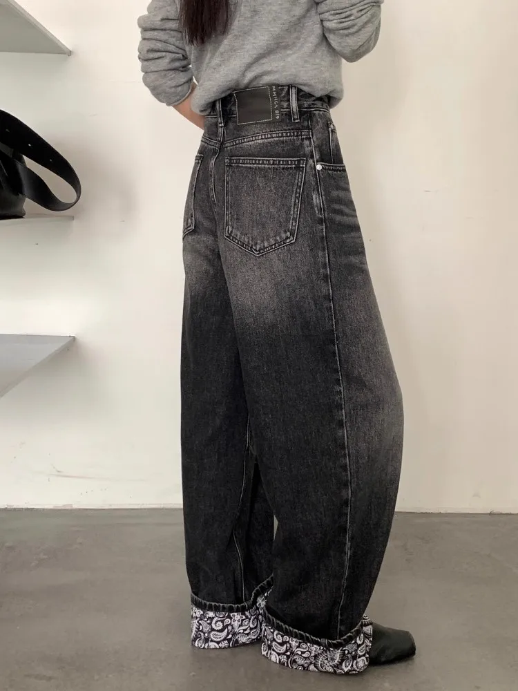 Y2K – jean à couteau incurvé épissé avec fleurs de cajou pour femme, jean amincissant, délavé, jambes droites, automne