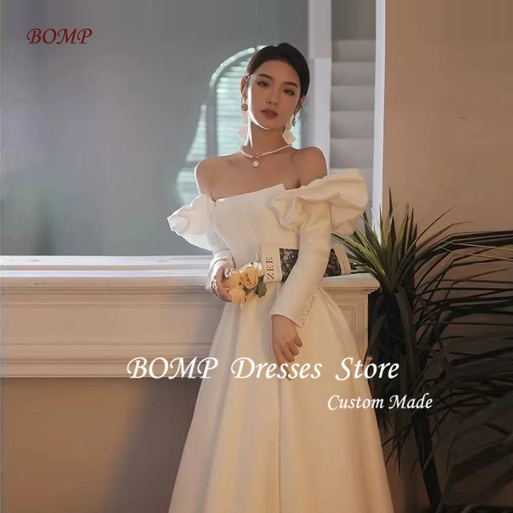 BOMP A Line Korea And Japan Wedding Dresses Long Sleeeves Matte Satin Strapless Floor length Bridal Gowns Customized Reception