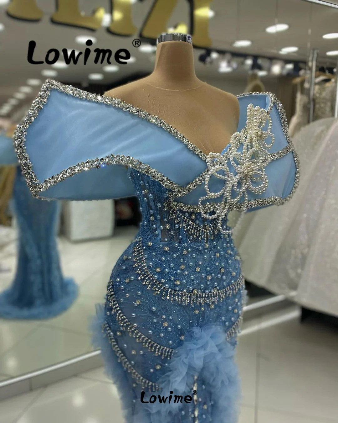 Celebrity Dresses Blue Aso Ebi Crystals Mermaid Prom Dress Sequined Lace Arabic Evening Formal Party Second Reception Dresses