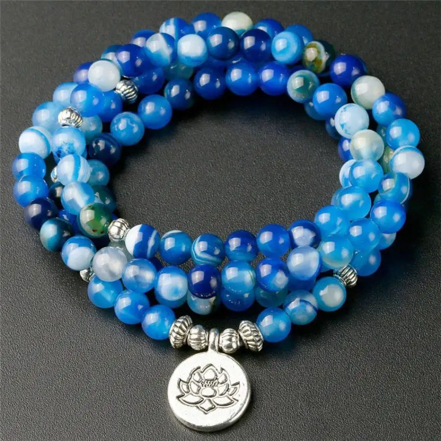 

6mm 108 blue stripe agate lotus pendant bracelet elastic Mala Yoga Sacred Prayer Bodhi tassel Zen Natural stone Buddha Women