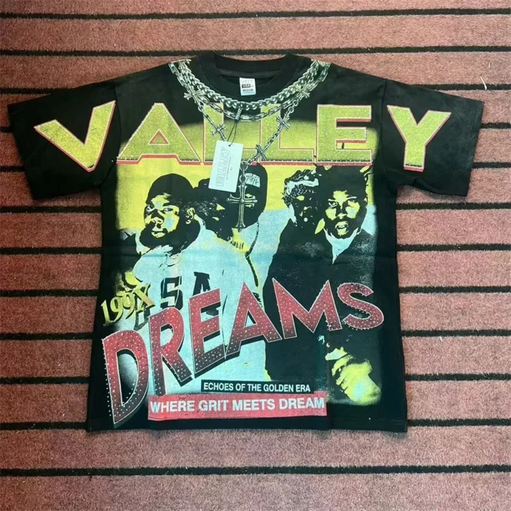 

Hot Drill Letter Print VALLEY Short Sleeves T-Shirts Men Fashio Best Quality Black People Print Vale Oversized Hip Hop Tees