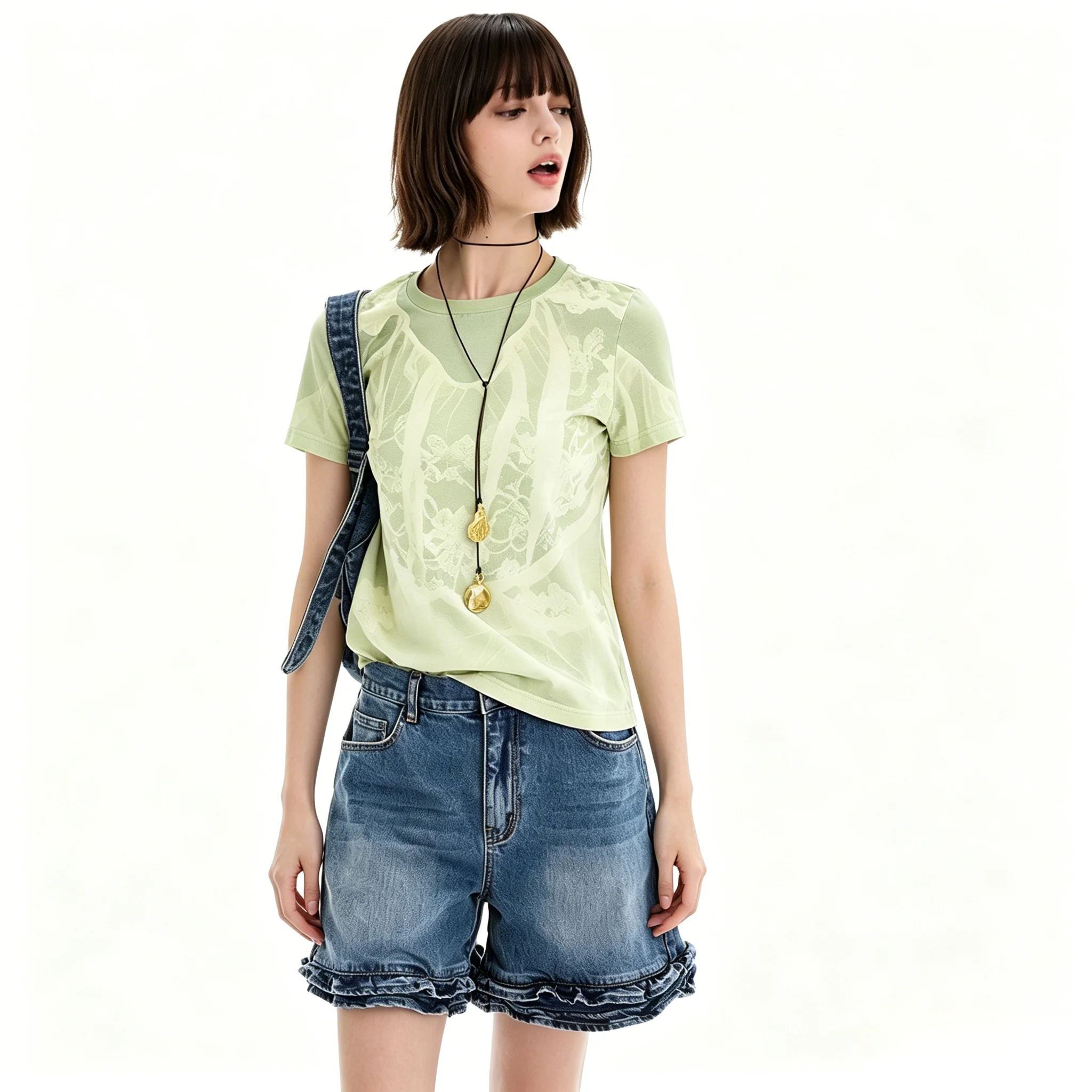 European, American, Spanish original single women's T-shirt short sleeved round neck printed lace 26 new top