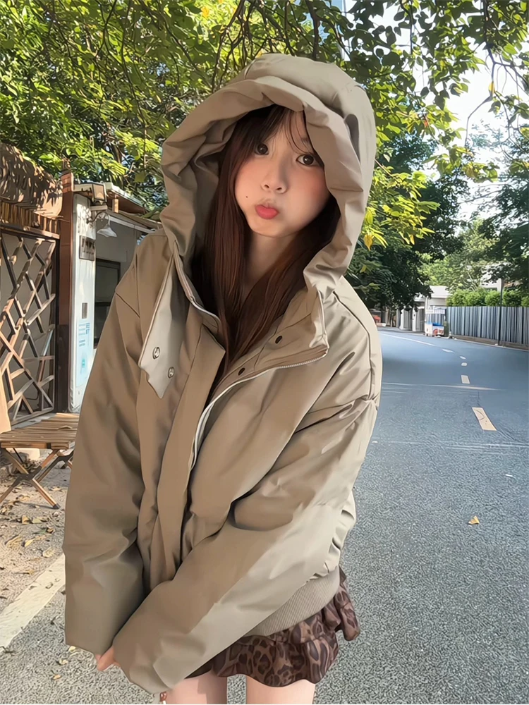 

Retro American PU Leather Hooded down Cotton Jacket Men's Winter Thick Warm Bread Style Loose Cool Cotton Coat